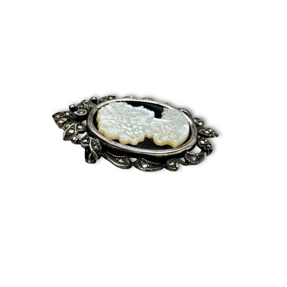 Art Deco Sterling Silver Cameo Brooch Pendant Marcasite Mother Of Pearl - Picture 8 of 11